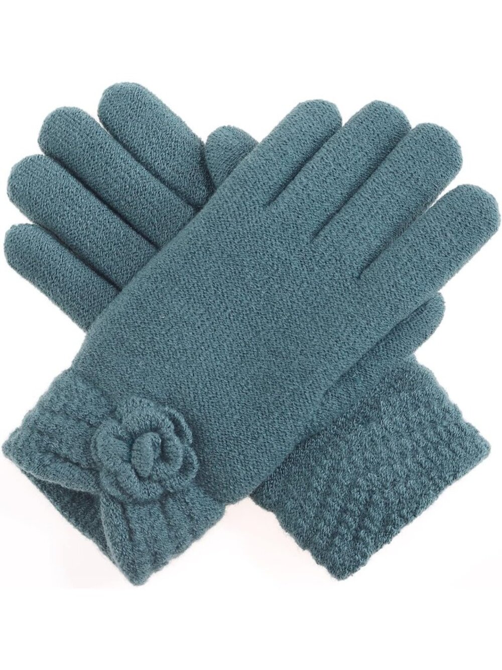 Women's Cadet Blue Winter Fashion Flower Cuff Warm Faux Fur Fleece Lined Gloves